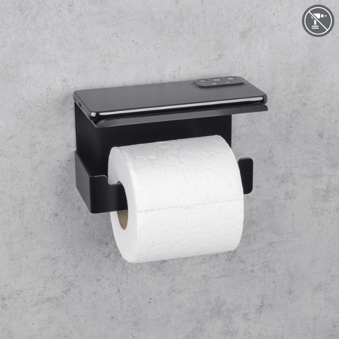 orte-papier toilette noir avec tablette pour téléphone sur fond gris