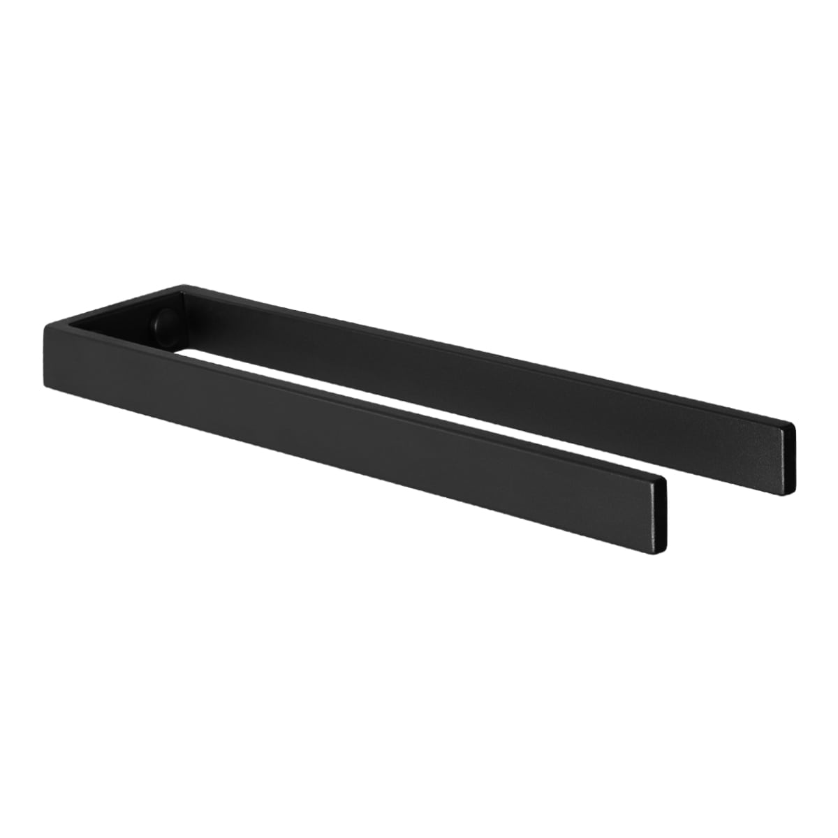 black stainless steel towel holder with a minimalist rectangular design.